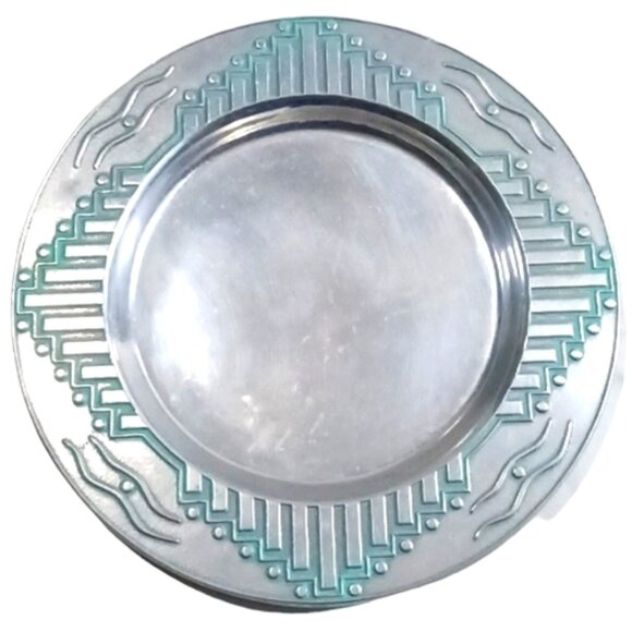 Vintage 1973 WILTON Armetale® ZIA Southwestern Pattern Platter Turquoise Accents - Picture 1 of 6